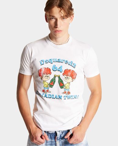  DSQUARED2 - Áo thun nam cổ tròn tay ngắn phối hình Canadian Twins 
