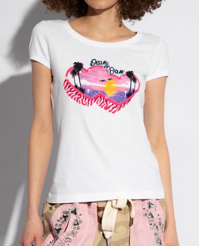  DSQUARED2 - Áo thun nữ cổ tròn tay ngắn phối hình in trái tim nổi bật 