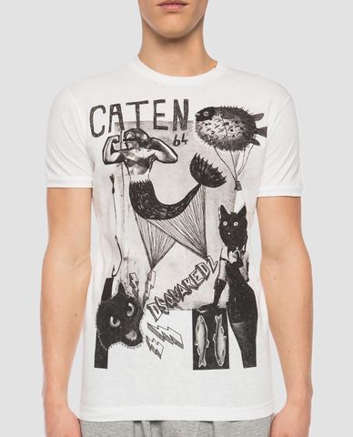  DSQUARED2 - Áo thun nam cổ tròn in hình Caten 64 