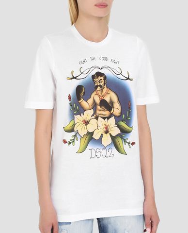  DSQUARED2 - Áo thun nữ cổ tròn họa tiết võ sĩ 