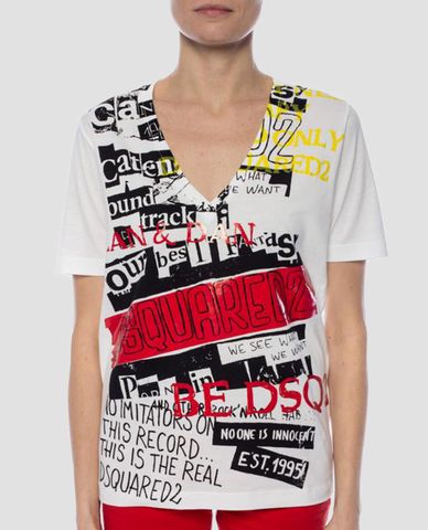  DSQUARED2 - Áo thun nữ cổ V họa tiết in chữ 