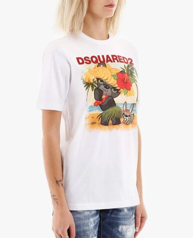 DSQUARED2 - Áo thun nữ phom suông cổ tròn phối hình in thời trang 