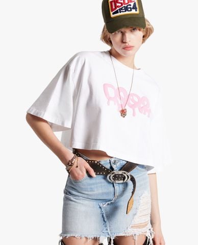  DSQUARED2 - Áo croptop nữ cổ tròn tay ngắn Oversize 