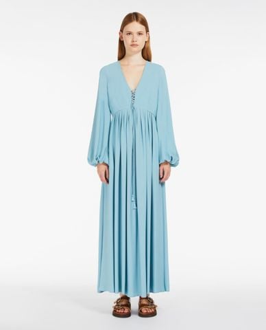  WEEKEND MAX MARA - Đầm xếp li maxi cổ V tay dài phối dây rút Guelfi 