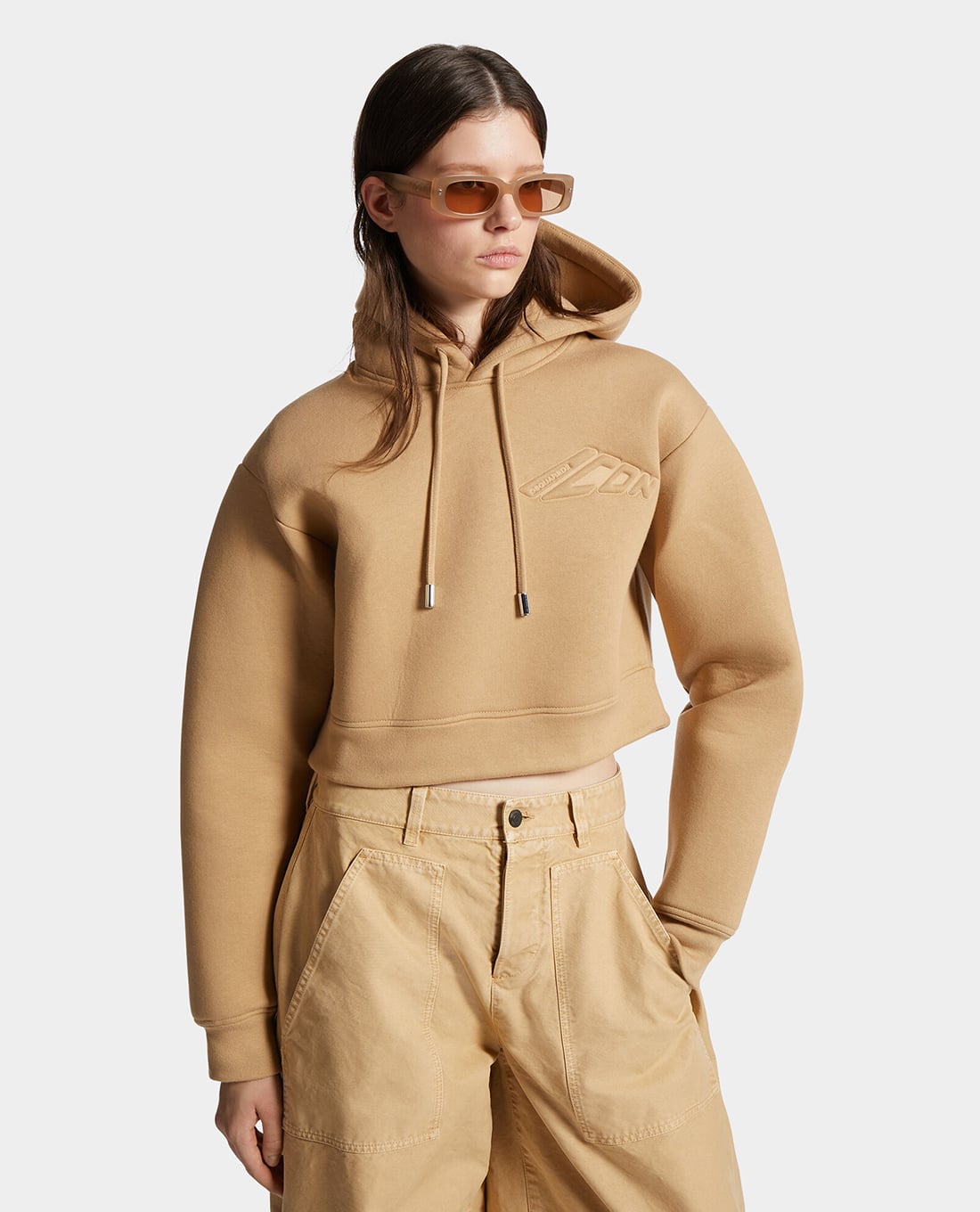 DSQUARED2 - Áo hoodie nữ phom croptop phối dây rút