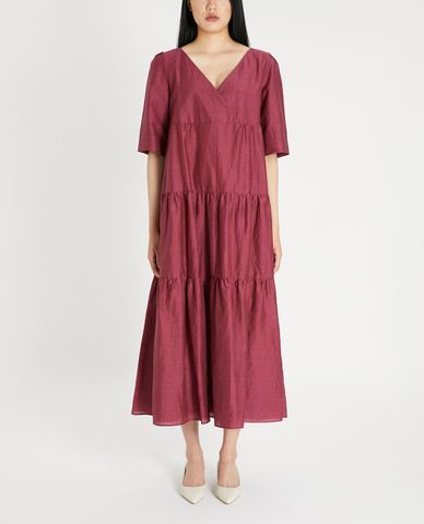  WEEKEND MAX MARA - Đầm xếp tầng midi phom suông cổ V Linen 