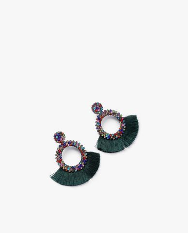  CECI - Khuyên tai nữ dáng tròn đính đá phối tua rua thời trang 