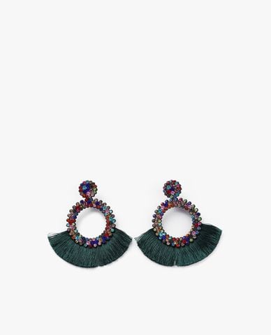  CECI - Khuyên tai nữ dáng tròn đính đá phối tua rua thời trang 