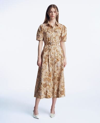  GIGI - Đầm sơ mi midi cổ bẻ tay ngắn phối thắt lưng hoạ tiết 