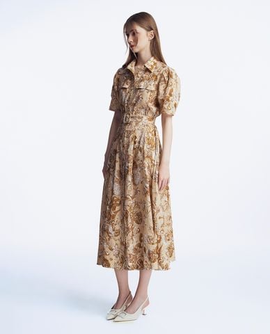  GIGI - Đầm sơ mi midi cổ bẻ tay ngắn phối thắt lưng hoạ tiết 