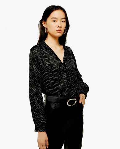  TOPSHOP - Áo kiểu nữ cổ V họa tiết chấm bi PETITE Satin Scallop Spot 