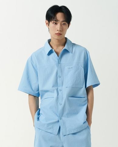  NERDY - Áo sơ mi unisex cổ bẻ tay ngắn Seersucker 