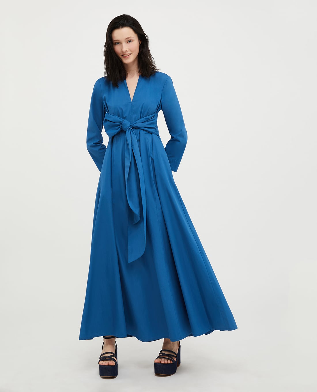 MAX&Co. - Đầm xếp li maxi cổ V tay dài phối thắt lưng Longdisco