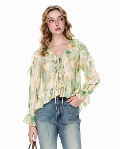  GIGI - Áo kiểu nữ cổ chữ V tay dài phối bèo nữ tính 