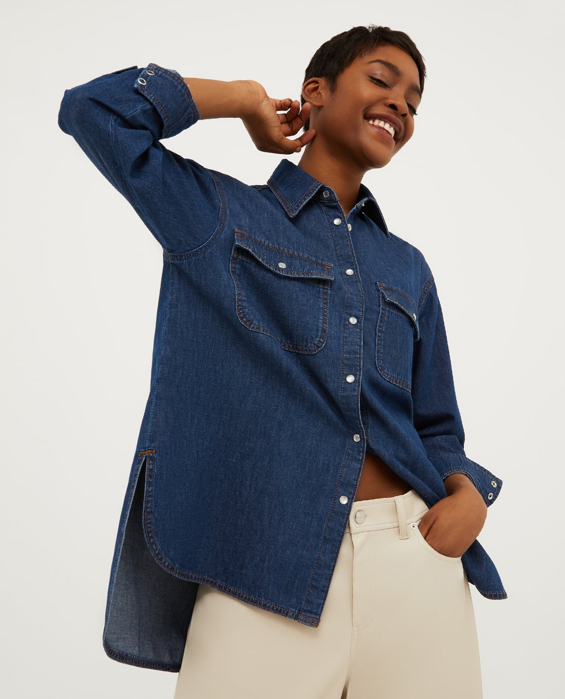 MAX&Co. - Áo sơ mi denim cổ bẻ tay dài phối túi Miriam