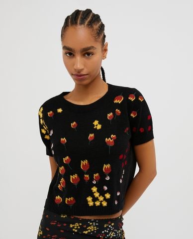  MAX&Co. - Áo croptop cổ tròn tay ngắn dệt kim thêu hoa Picco 