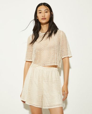  MAX&Co. - Áo dệt kim nữ cổ tròn tay ngắn xuyên thấu Faville 