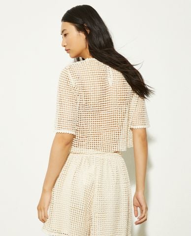  MAX&Co. - Áo dệt kim nữ cổ tròn tay ngắn xuyên thấu Faville 