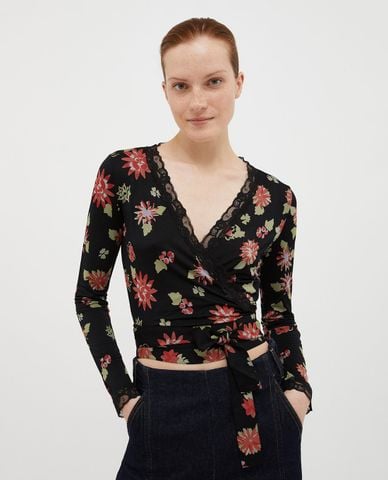  MAX&Co. - Áo croptop cổ V tay dài cột nơ phối hoạ tiết Canoa 