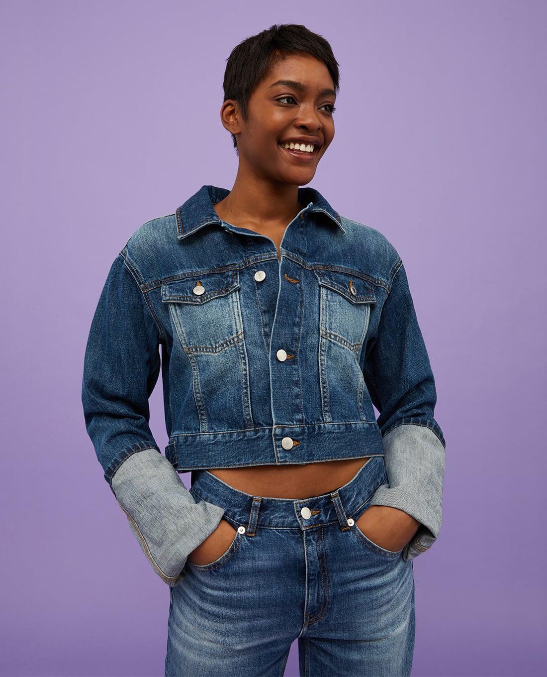 MAX&Co. - Áo khoác denim croptop tay dài cách điệu Stone