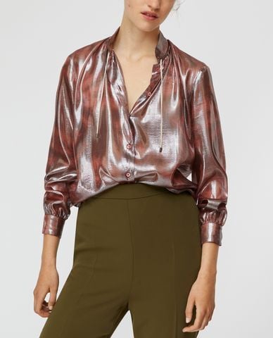  MAX&Co. - Áo sơ mi nữ tay dài cổ cao Silk Lamé Drawstring 
