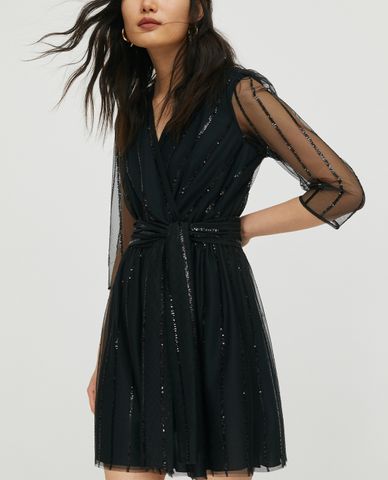  MAX&Co. - Đầm mini cổ V tay lỡ xuyên thấu Tulle Sequin Stripes 