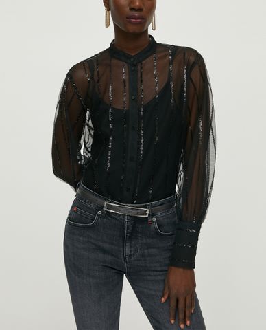  MAX&Co. - Áo kiểu nữ xuyên thấu cổ lọ Sequin Stripes 