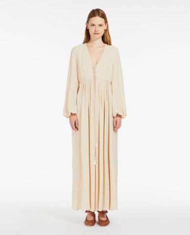  WEEKEND MAX MARA - Đầm xếp li maxi cổ V tay dài phối dây rút Guelfi 