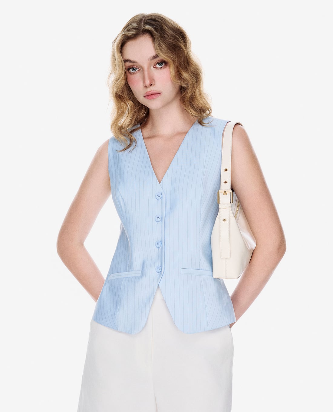 GIGI - Áo khoác gilet nữ cổ V kẻ sọc