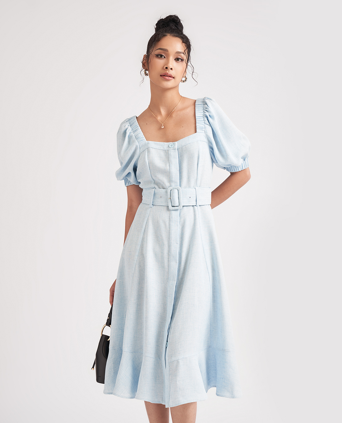 GIGI - Đầm midi ngắn tay cổ vuông phối thắt lưng thanh lịch