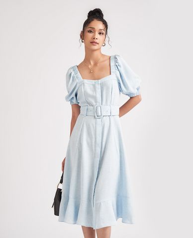  GIGI - Đầm midi ngắn tay cổ vuông phối thắt lưng thanh lịch 