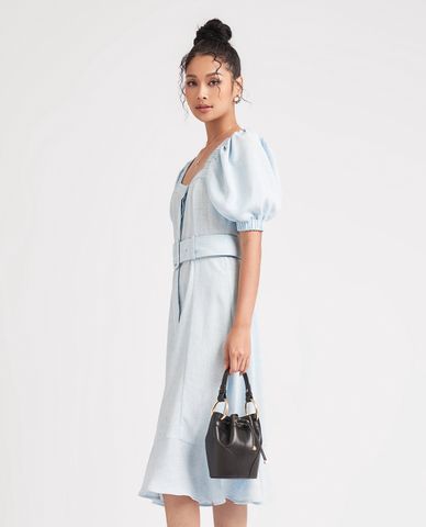  GIGI - Đầm midi ngắn tay cổ vuông phối thắt lưng thanh lịch 