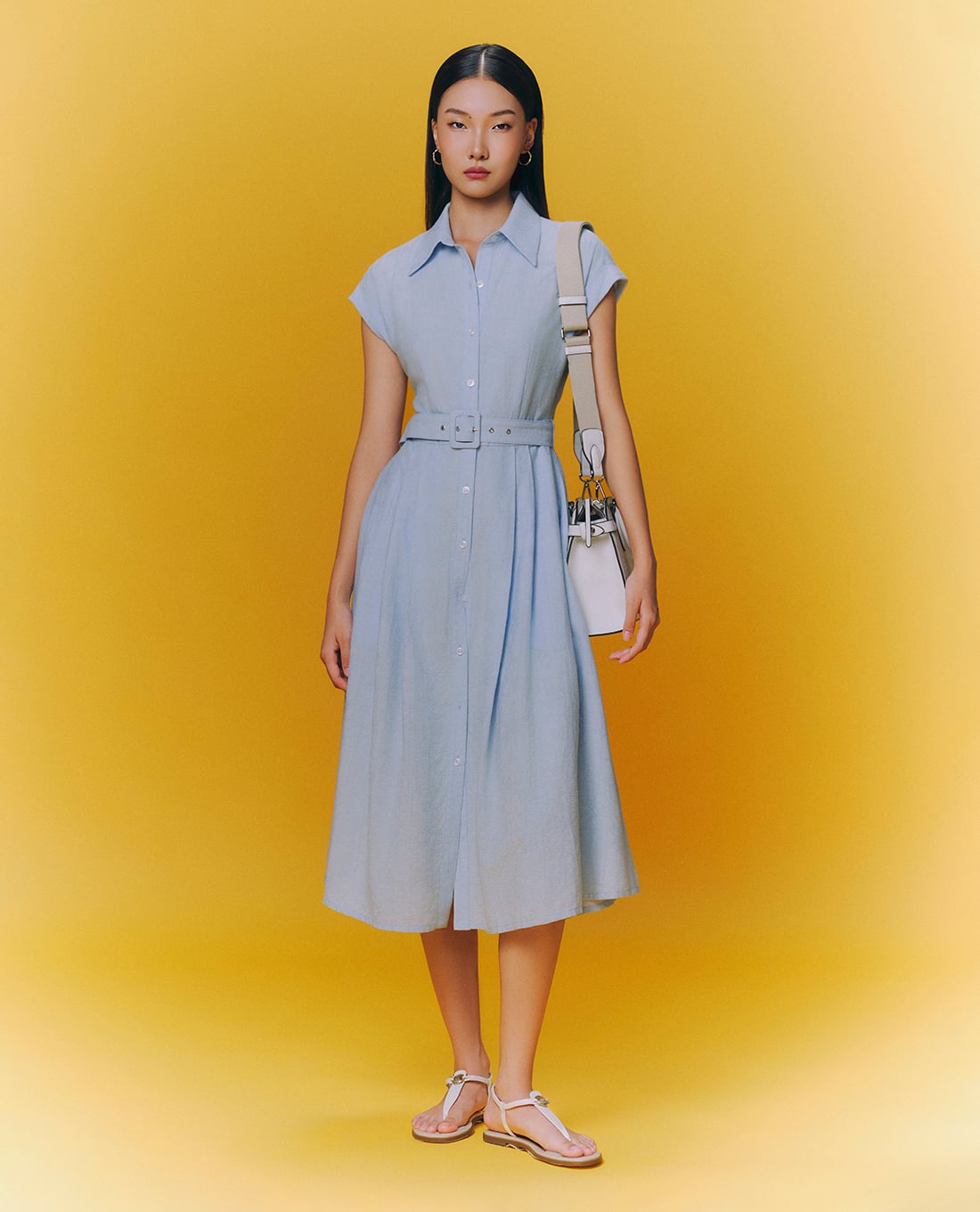 GIGI - Đầm sơ mi midi cổ bẻ tay ngắn phối thắt lưng