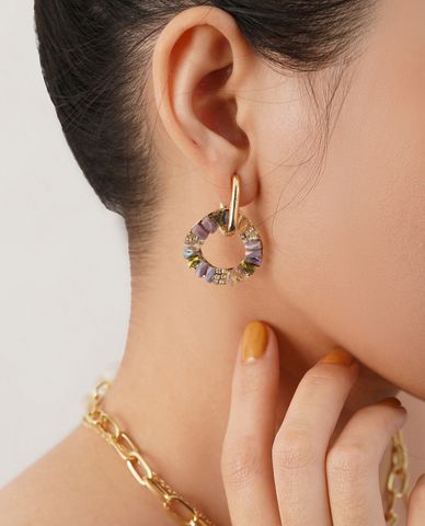  CECI - Khuyên tai nữ khoen chữ nhật phối vòng tròn đính đá sang trọng 