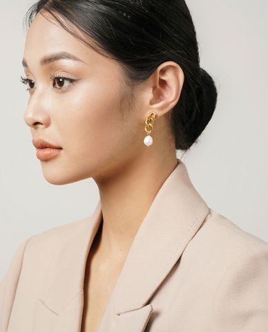  CECI - Khuyên tai nữ mắc xích phối ngọc trai sang trọng 