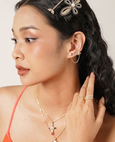  CECI - Khuyên tai nữ dạng kẹp đính đá phối chuỗi xích cá tính 