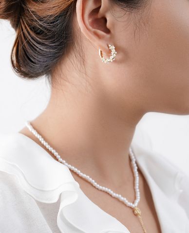  CECI - Khuyên tai nữ khoen tròn dạng xoắn phối ngọc trai thời trang 