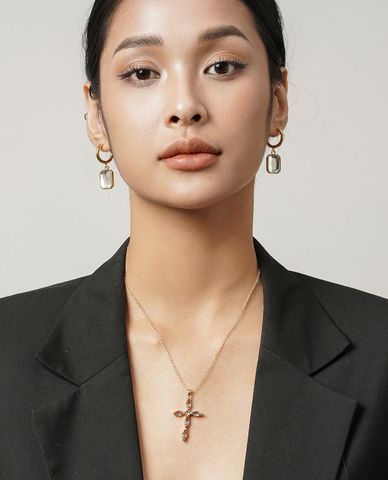  CECI - Khuyên tai nữ khoen tròn dáng thả phối mặt đá thời trang 