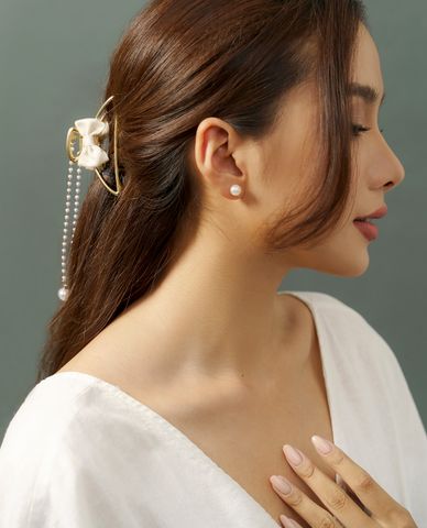 CECI - Kẹp tóc nữ đính nơ phối chuỗi hạt ngọc sang trọng 