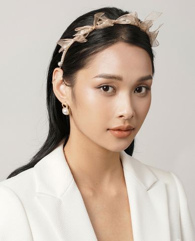  CECI - Băng đô cài tóc nữ ngọc trai thắt nơ nữ tính 