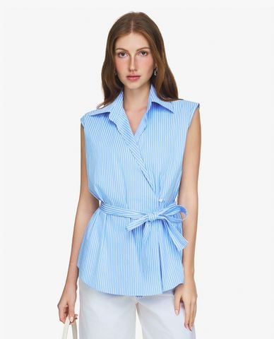  GIGI - Áo sơ mi nữ cổ bẻ sát nách phối thắt nơ nữ tính 