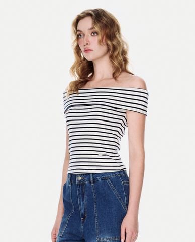  GIGI - Áo trễ vai nữ phom ôm phối sọc thời trang 