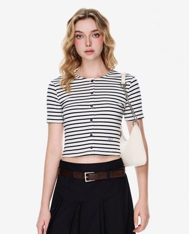  GIGI - Áo croptop nữ cổ tròn tay ngắn kẻ sọc 