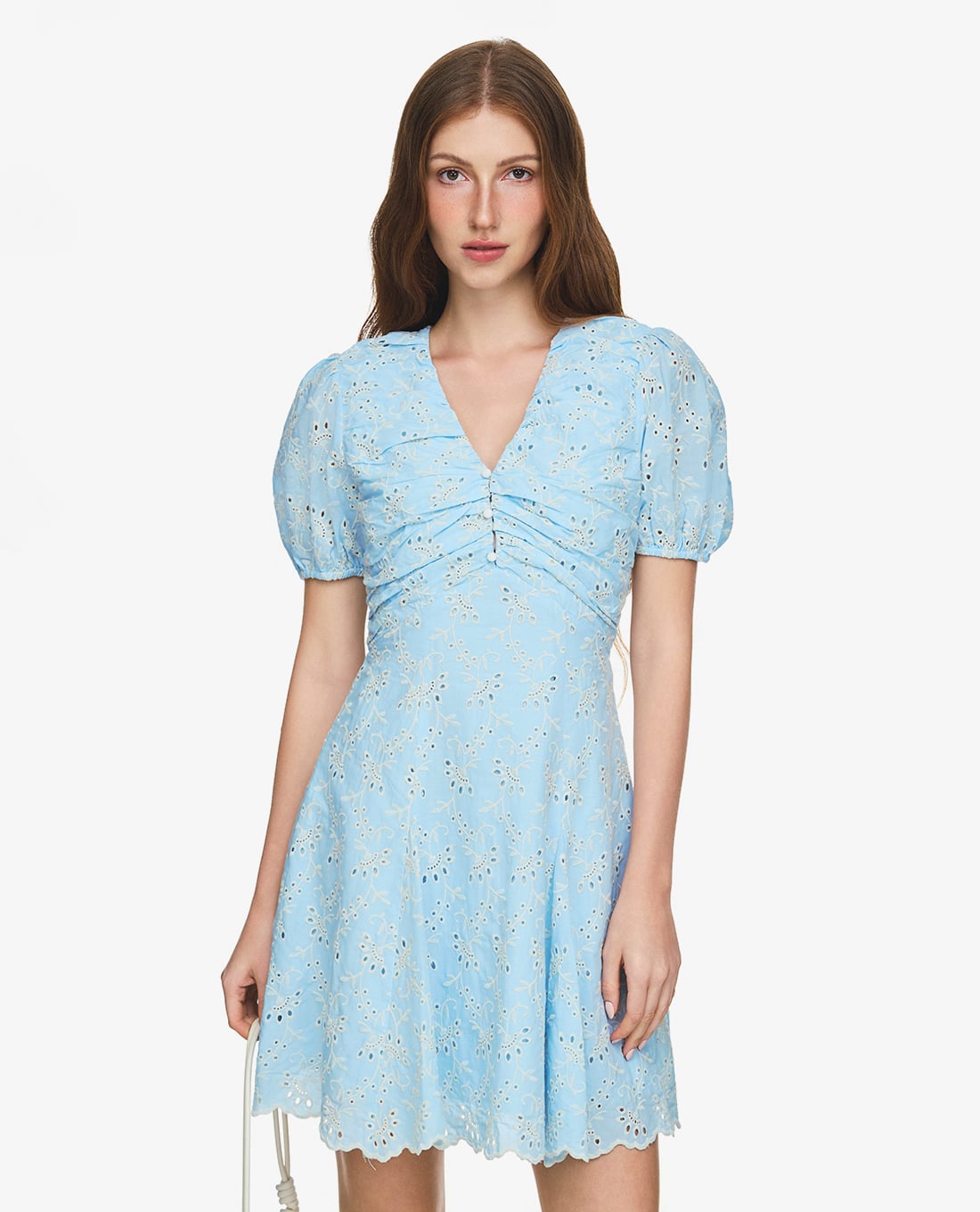 GIGI - Đầm mini cổ V tay phồng phối hoa văn