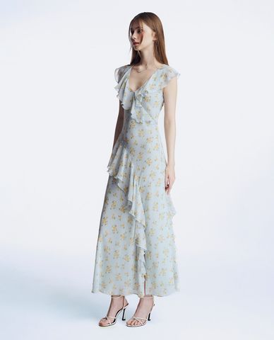  GIGI - Đầm sát nách midi phối bèo xẻ tà trang trí hoạ tiết điệu đà 