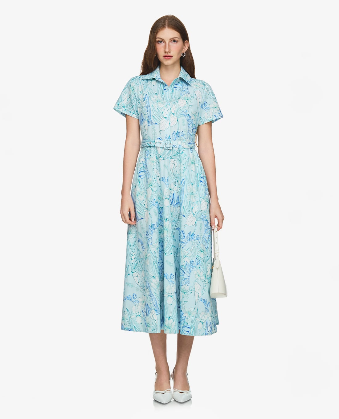 GIGI - Đầm sơ mi midi cổ bẻ tay ngắn phối thắt lưng