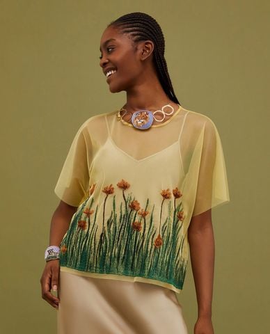  MAX&Co. - Áo kiểu cổ tròn tay ngắn xuyên thấu thêu hoa Spring Blossom 