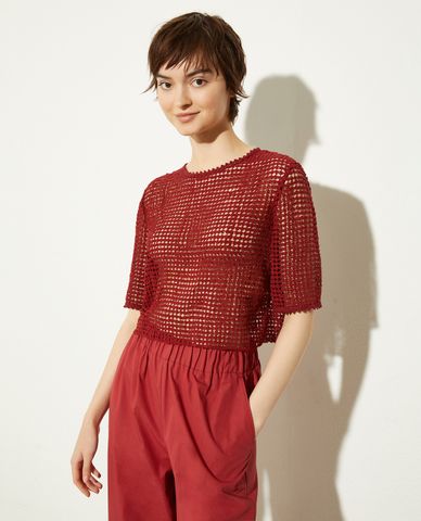  MAX&Co. - Áo dệt kim nữ cổ tròn tay ngắn xuyên thấu Faville 