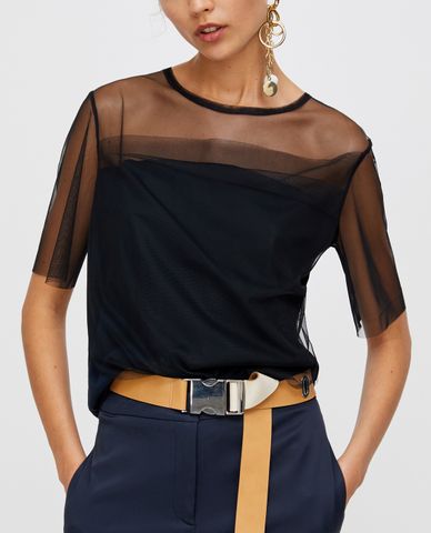  MAX&Co. - Áo thun nữ cổ tròn tay ngắn phối lưới Jersey And Tulle 