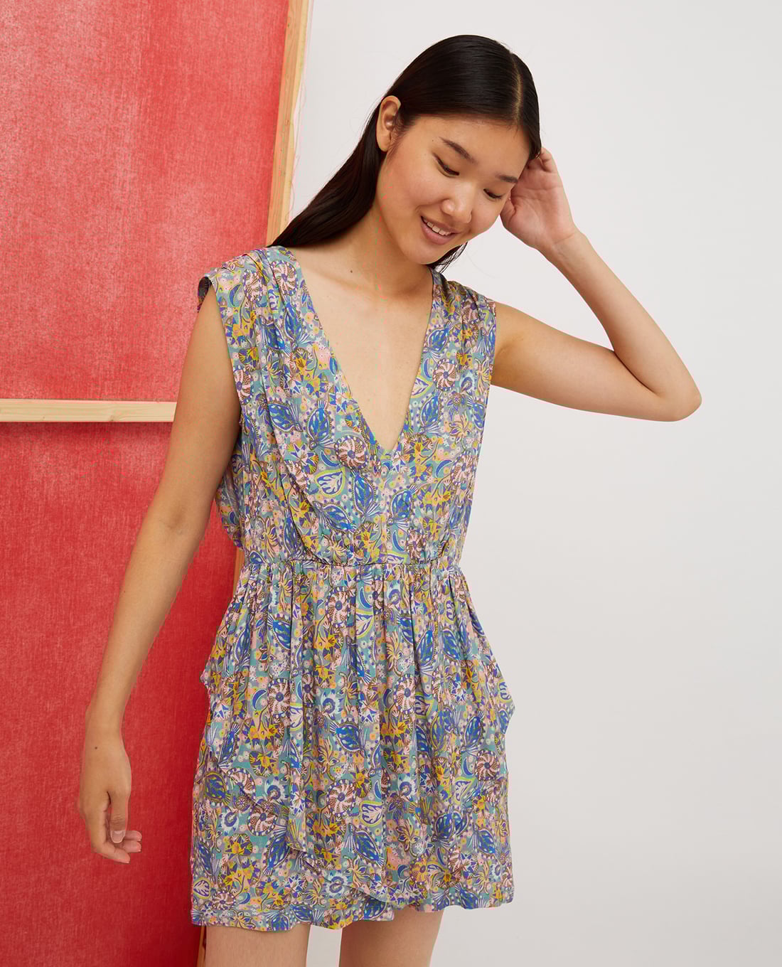 MAX&Co. - Đầm sát nách xếp tầng mini cổ V hoạ tiết Bursa